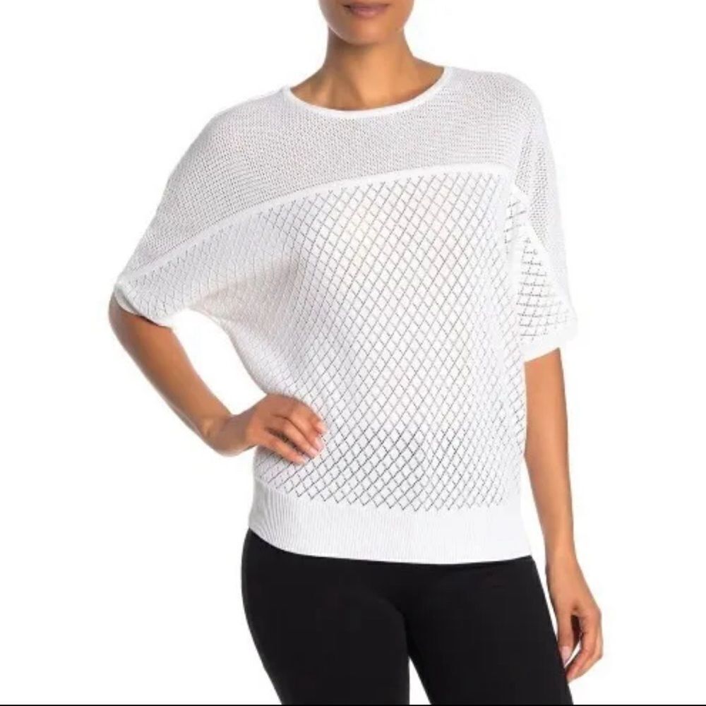 Magaschoni Pointelle Knit Pullover Top M White Short Sleeve Formal Casual NWT